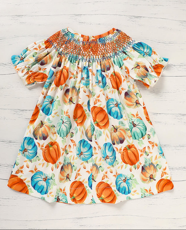 Girls Pumpkin Smocked Dress