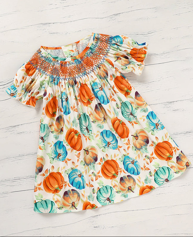 Girls Pumpkin Smocked Dress
