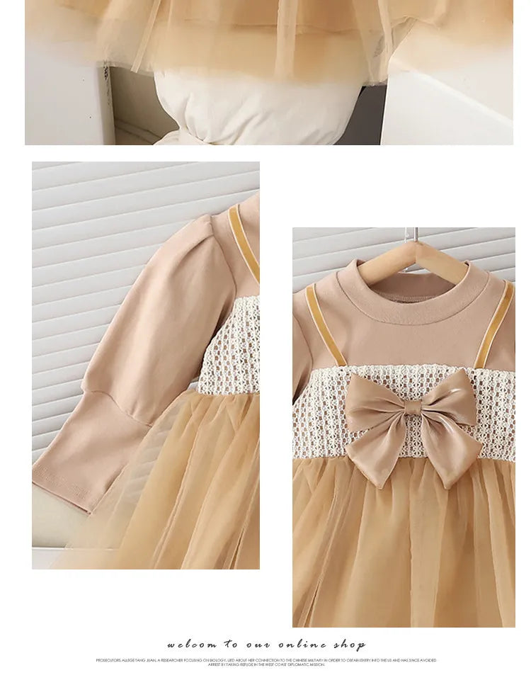 Girls Puff Sleeve Bow Dress