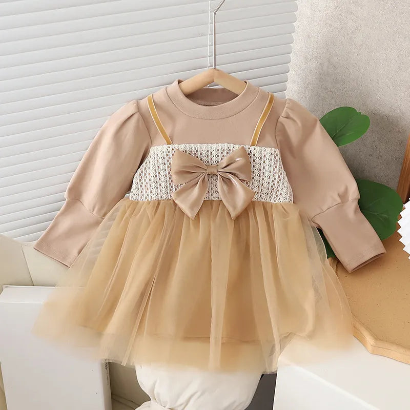 Girls Puff Sleeve Bow Dress