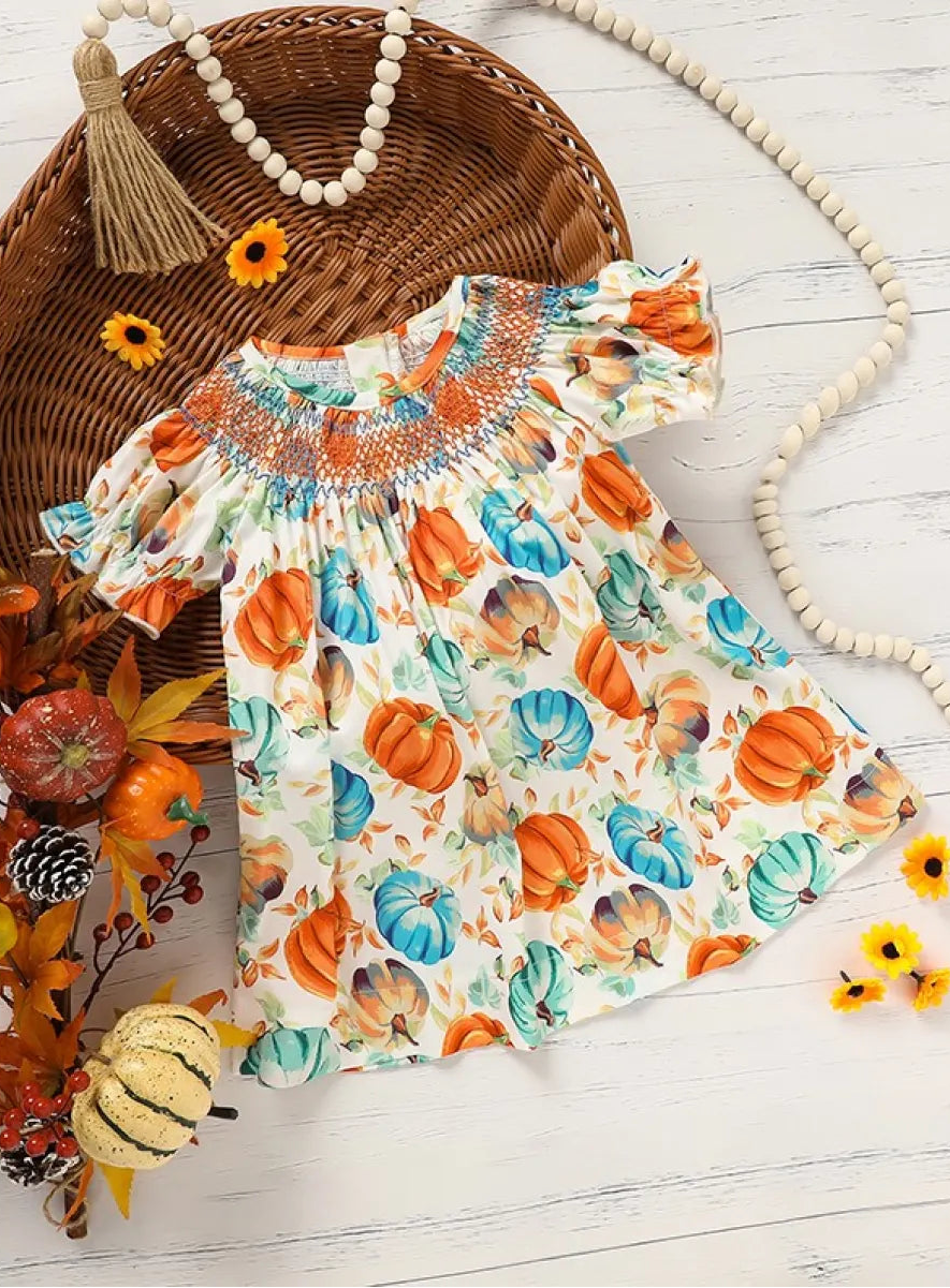 Girls Pumpkin Smocked Dress